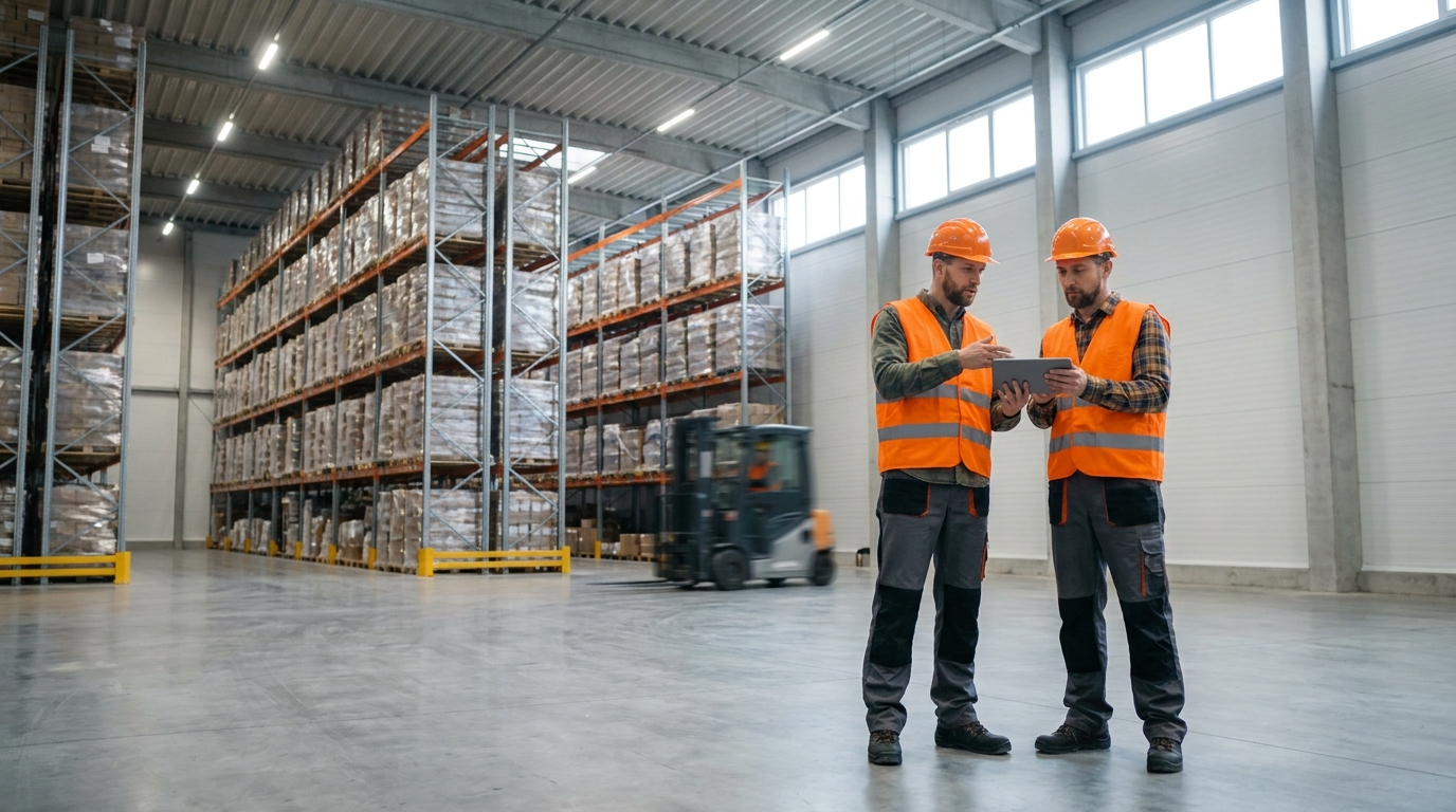 Industrial warehouse with workers in work clothes